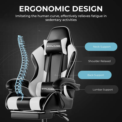 GTPLAYER Gaming Chair with Massage Lumbar Cushion & Footrest, Ergonomic Office Chair with Padded Seat, Swivel Chair up to 150 kg