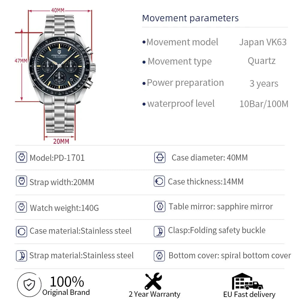 PAGANI DESIGN 2026 Nuovo orologio da uomo rosso di lusso al quarzo, cronografo con data automatica, impermeabile, spedizione locale
