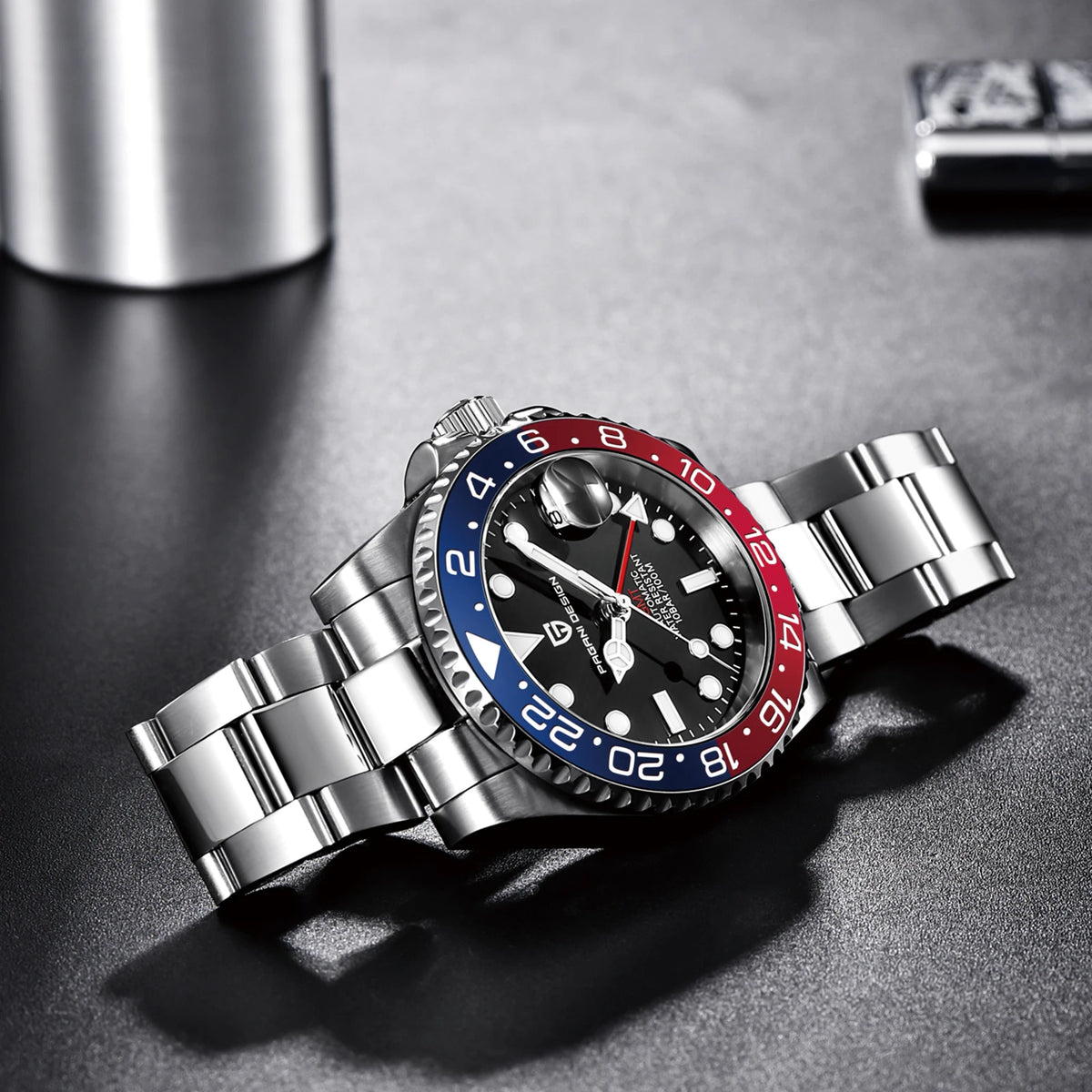 Montre mécanique pour homme PAGANI DESIGN (40 mm) – Cadran violet, fonction GMT, bracelet type Jubilee, verre saphir, étanche, mouvement automatique