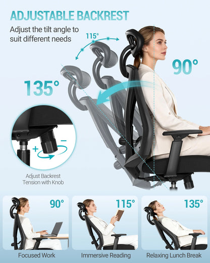 1 Black Ergonomic Office Chair,Computer Chair,Swivel Chair with Adjustable Lumbar Support,Headrest and Armrest,Height Adjustment