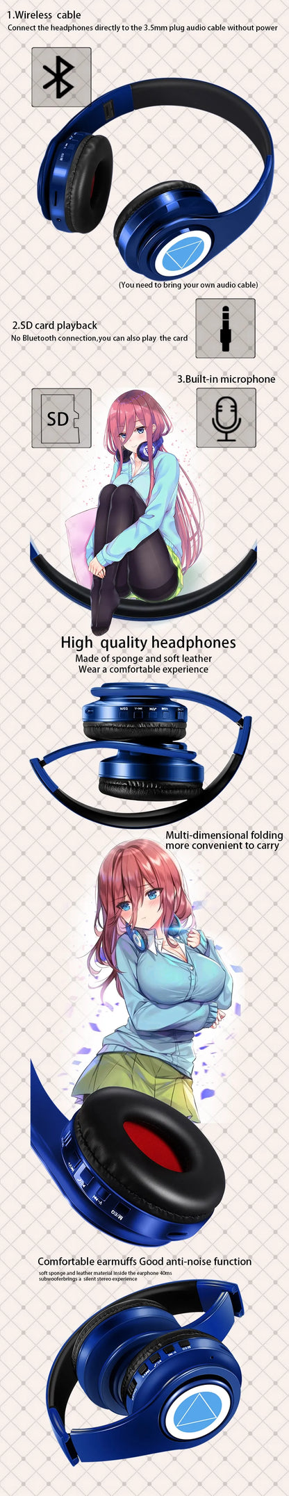 Auriculares anime over-ear Miku Nakano Sanjiu Bluetooth 5.0 – Headset gaming estéreo inalámbrico con graves profundos, micrófono y compatibilidad con tarjeta TF