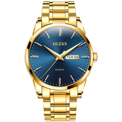 OLEVS herenhorloge – Roestvrijstalen quartz-polshorloge, waterdicht, goudkleurig, elegant en stralend, luxe accessoire voor heren