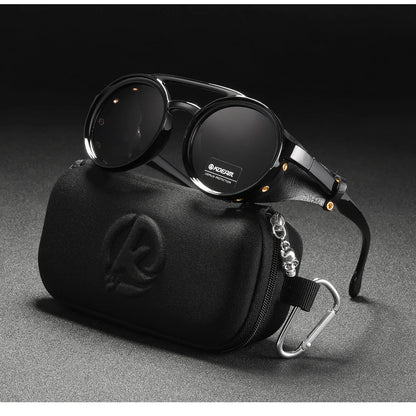 KDEAM Vintage Round Sunglasses Men Women Leather Shield Sun Glasses  Twin Bridge Designed Shade KD179