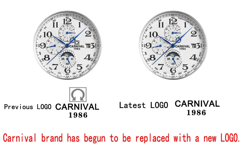 Carnival Brand Automatic Watch, Fashion Luxury Waterproof Calendar with Moon Phase, Mechanical Watches for Men