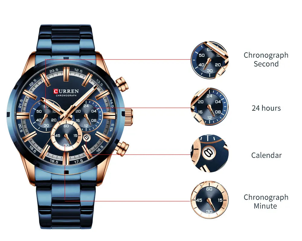 Reloj Curren para hombre con esfera azul, correa de acero inoxidable y fecha, reloj masculino de negocios, resistente al agua, reloj de pulsera de lujo para hombre