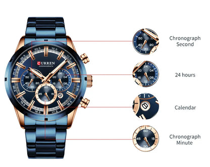 Reloj Curren para hombre con esfera azul, correa de acero inoxidable y fecha, reloj masculino de negocios, resistente al agua, reloj de pulsera de lujo para hombre