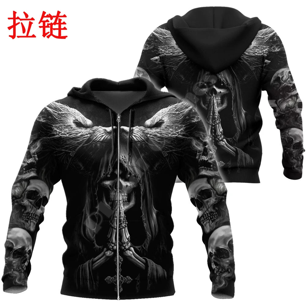 Sweatshirt com Capuz de Outono Fenrir Lobo Caveira Tatuagem 3D com Estampado Integral para Homem, Unissexo, com Fecho, Pullover, Casaco Casual DW0364