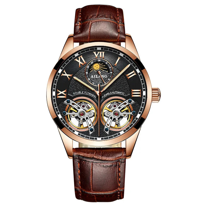 AILANG Double Tourbillon Design Business Men Mechanical Watch Fashion Leather Moon Phase Automatic Watches for Men Reloj Hombre