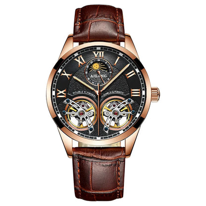 AILANG Double Tourbillon Design Business Men Mechanical Watch Fashion Leather Moon Phase Automatic Watches for Men Reloj Hombre