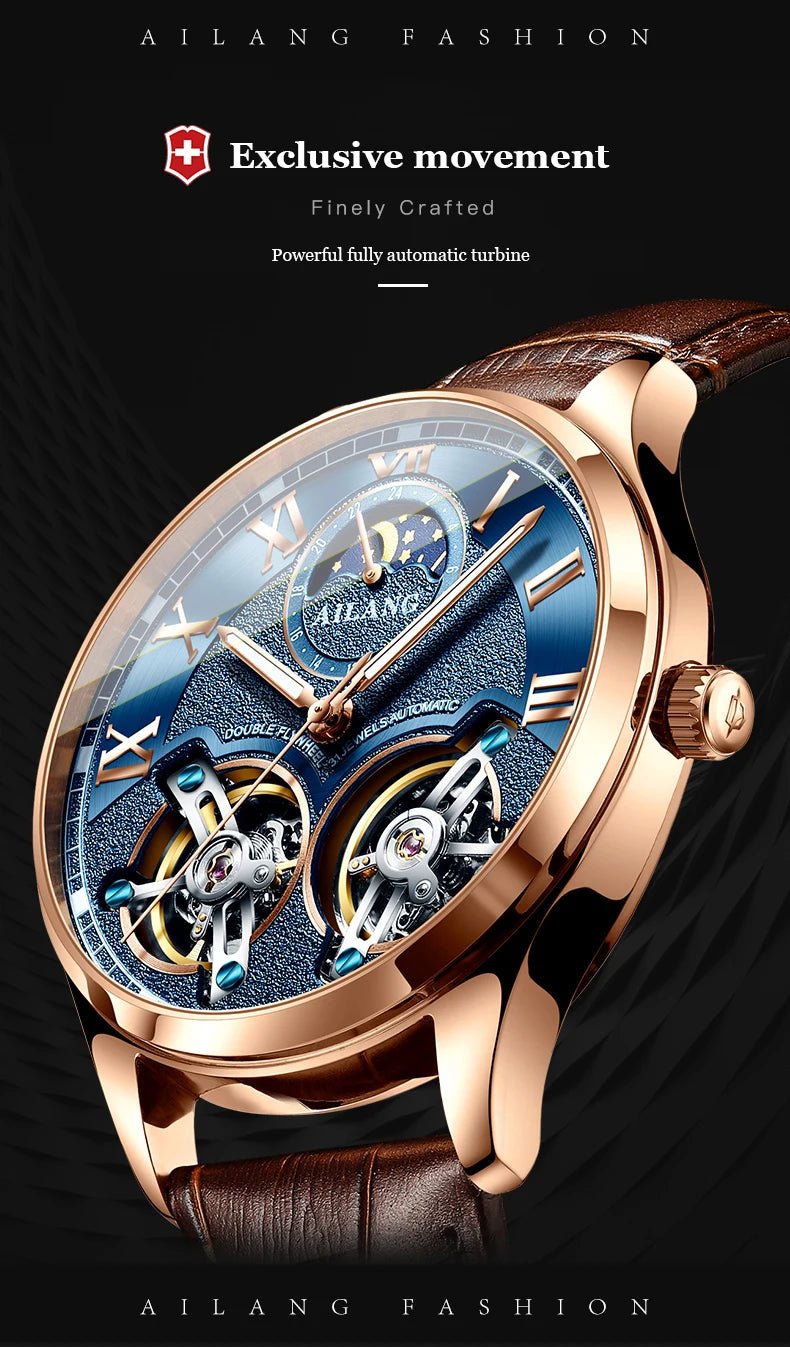 AILANG Double Tourbillon Design Business Men Mechanical Watch Fashion Leather Moon Phase Automatic Watches for Men Reloj Hombre