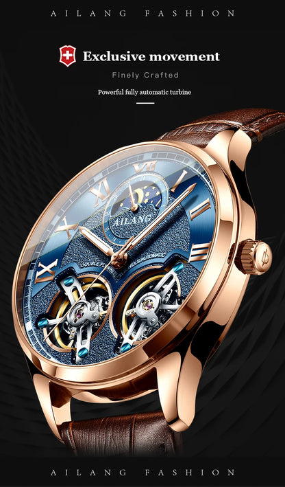 AILANG Double Tourbillon Design Business Men Mechanical Watch Fashion Leather Moon Phase Automatic Watches for Men Reloj Hombre