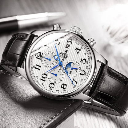 Carnival Brand Automatic Watch, Fashion Luxury Waterproof Calendar with Moon Phase, Mechanical Watches for Men