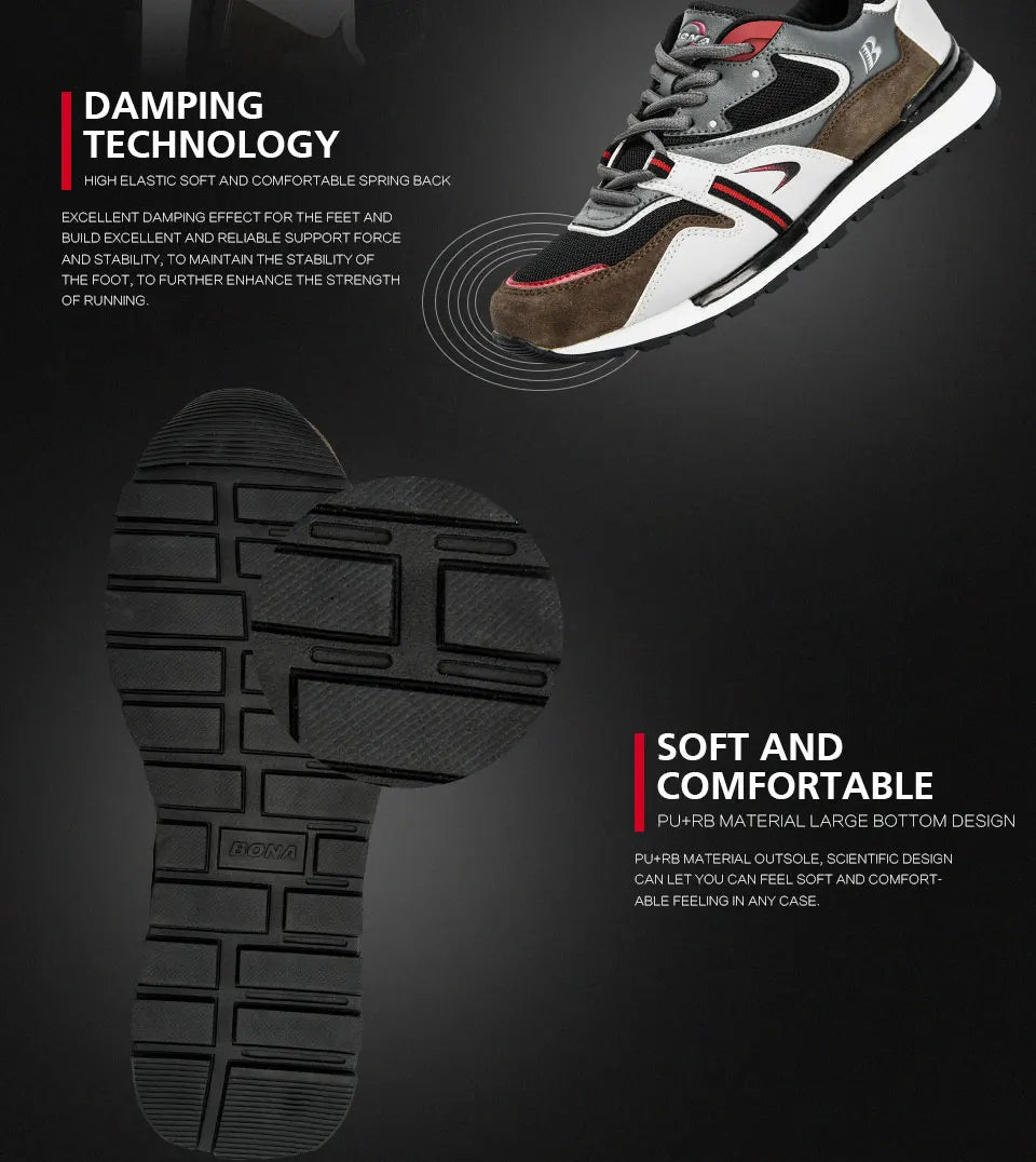 BONA Novos Designers Sapatilhas Desportivas em Couro Action para Homem Sapatilhas de Corrida para Homem Calçado de Ténis Masculino Calçado de Caminhada Fitness Moderno