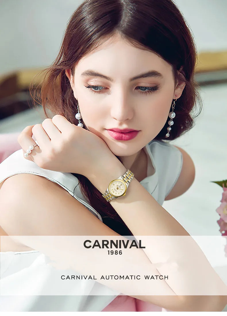 Relógio mecânico de luxo CARNIVAL para mulher, com movimento automático em safira, impermeável, relógio de pulso feminino elegante