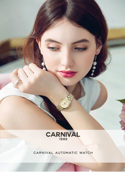 Relógio mecânico de luxo CARNIVAL para mulher, com movimento automático em safira, impermeável, relógio de pulso feminino elegante
