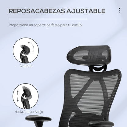 Vinsetto Ergonomic Swivel Office Chair with Adjustable Headrest, 2D Armrests, Lumbar Support, Height Adjustable Mesh Office Chair, Black