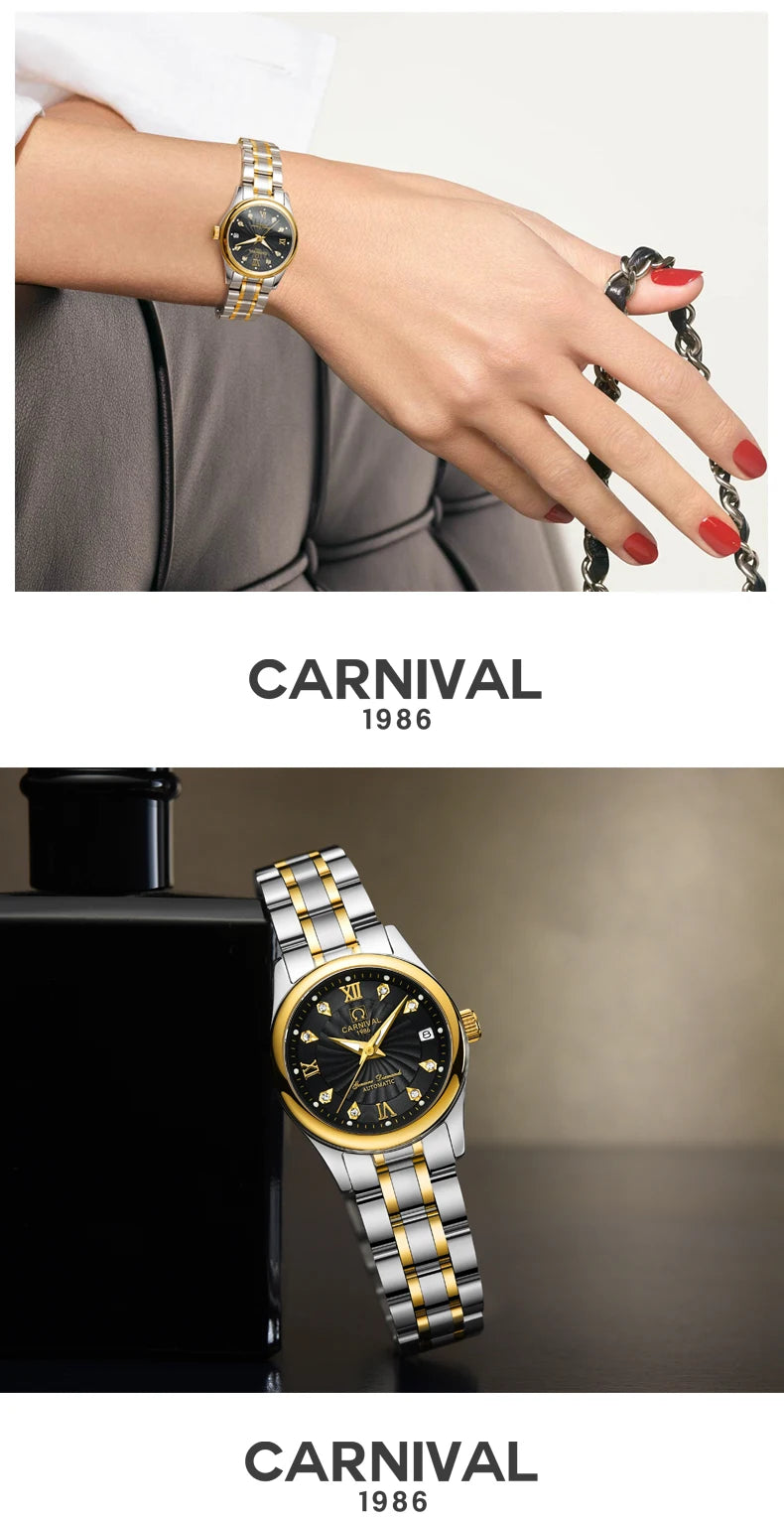 Relógio mecânico de luxo CARNIVAL para mulher, com movimento automático em safira, impermeável, relógio de pulso feminino elegante