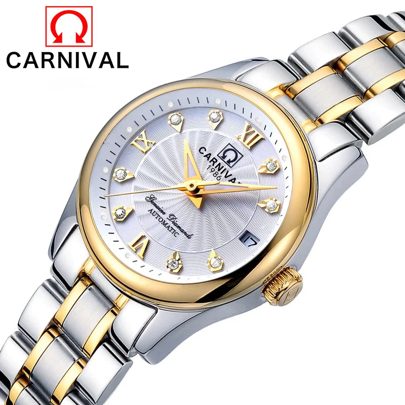 Relógio mecânico de luxo CARNIVAL para mulher, com movimento automático em safira, impermeável, relógio de pulso feminino elegante
