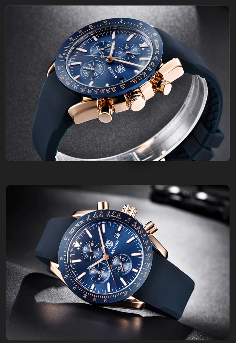 BENYAR Luxusuhren für Herren – Quarz-Armbanduhren mit Lederarmband, wasserdicht bis 30 m, sportlicher Stil.