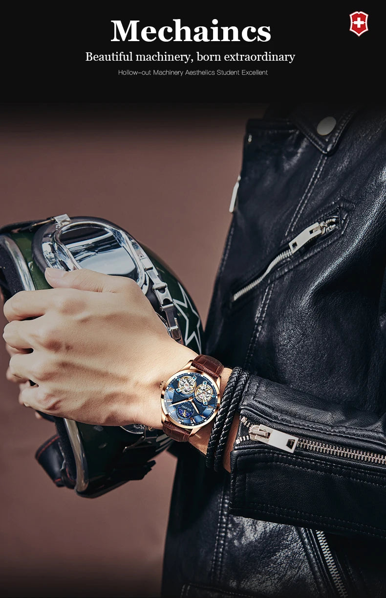 AILANG Double Tourbillon Design Business Men Mechanical Watch Fashion Leather Moon Phase Automatic Watches for Men Reloj Hombre