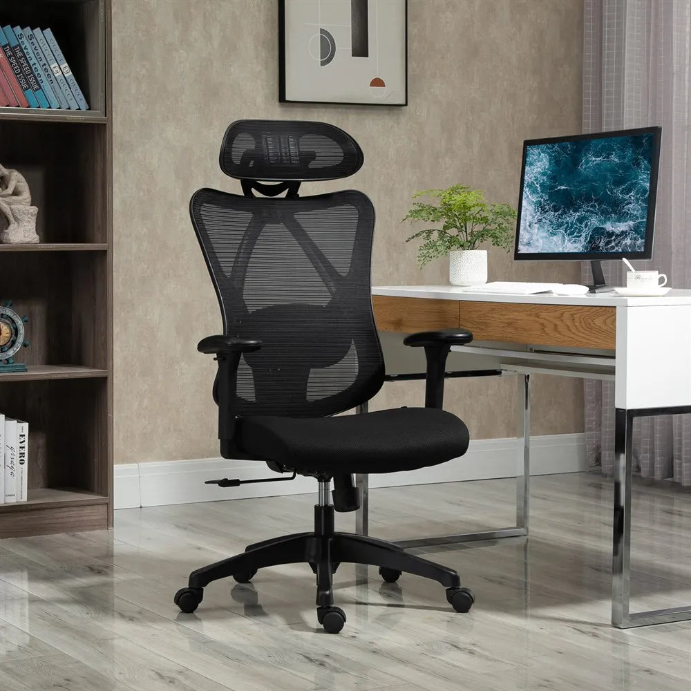 Vinsetto Ergonomic Swivel Office Chair with Adjustable Headrest, 2D Armrests, Lumbar Support, Height Adjustable Mesh Office Chair, Black