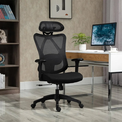 Vinsetto Ergonomic Swivel Office Chair with Adjustable Headrest, 2D Armrests, Lumbar Support, Height Adjustable Mesh Office Chair, Black