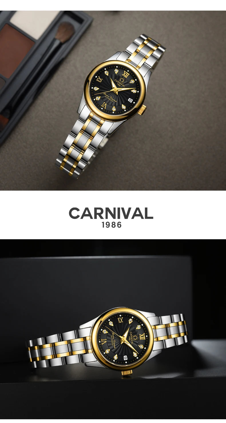 Relógio mecânico de luxo CARNIVAL para mulher, com movimento automático em safira, impermeável, relógio de pulso feminino elegante
