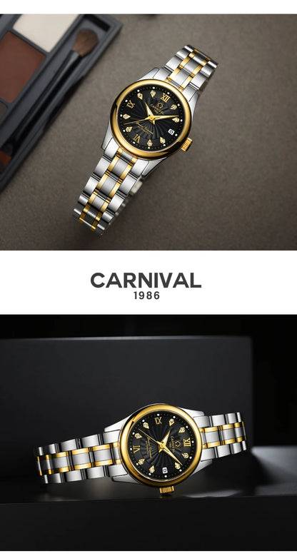 Relógio mecânico de luxo CARNIVAL para mulher, com movimento automático em safira, impermeável, relógio de pulso feminino elegante
