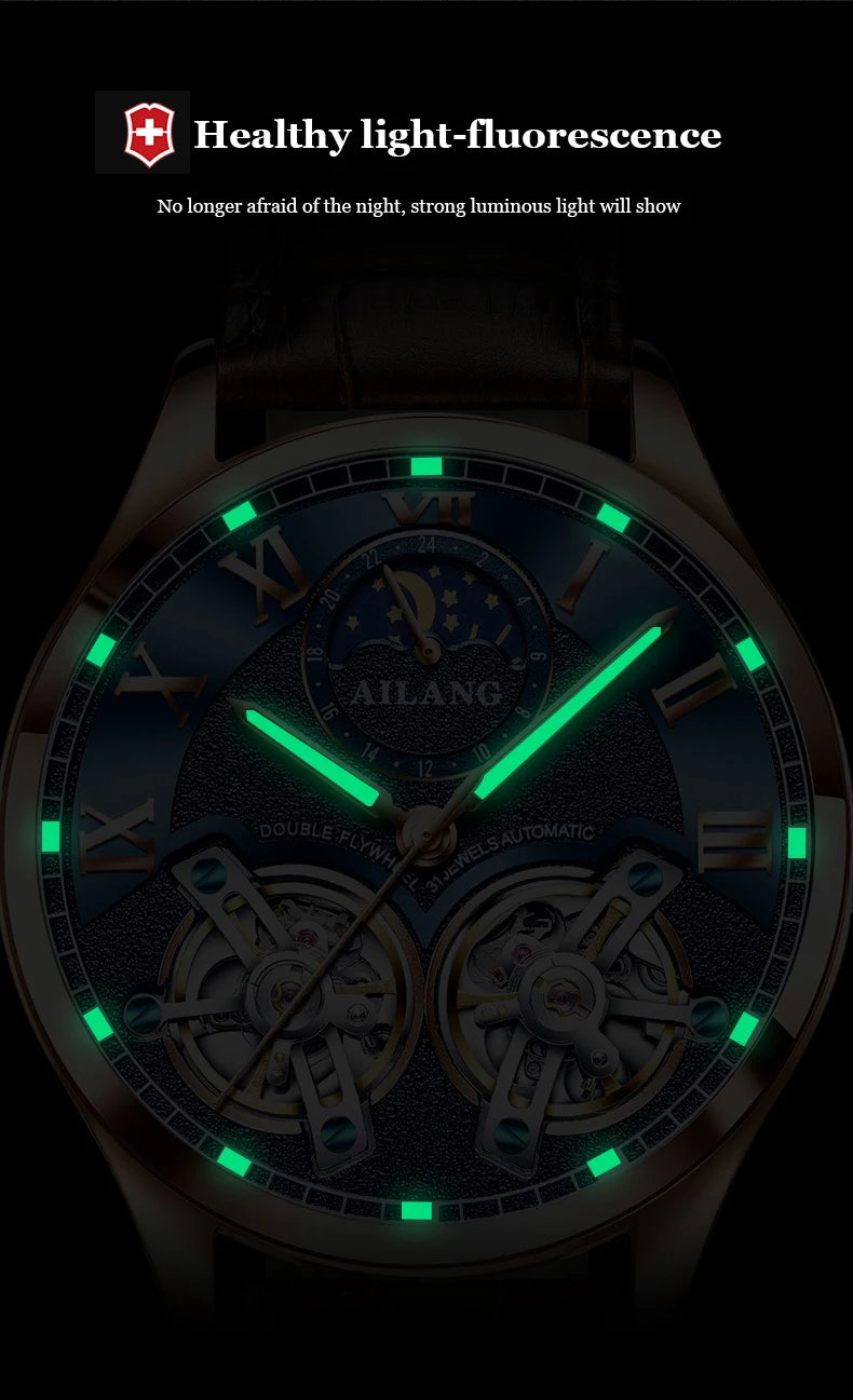 AILANG Double Tourbillon Design Business Men Mechanical Watch Fashion Leather Moon Phase Automatic Watches for Men Reloj Hombre