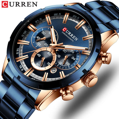 Reloj Curren para hombre con esfera azul, correa de acero inoxidable y fecha, reloj masculino de negocios, resistente al agua, reloj de pulsera de lujo para hombre