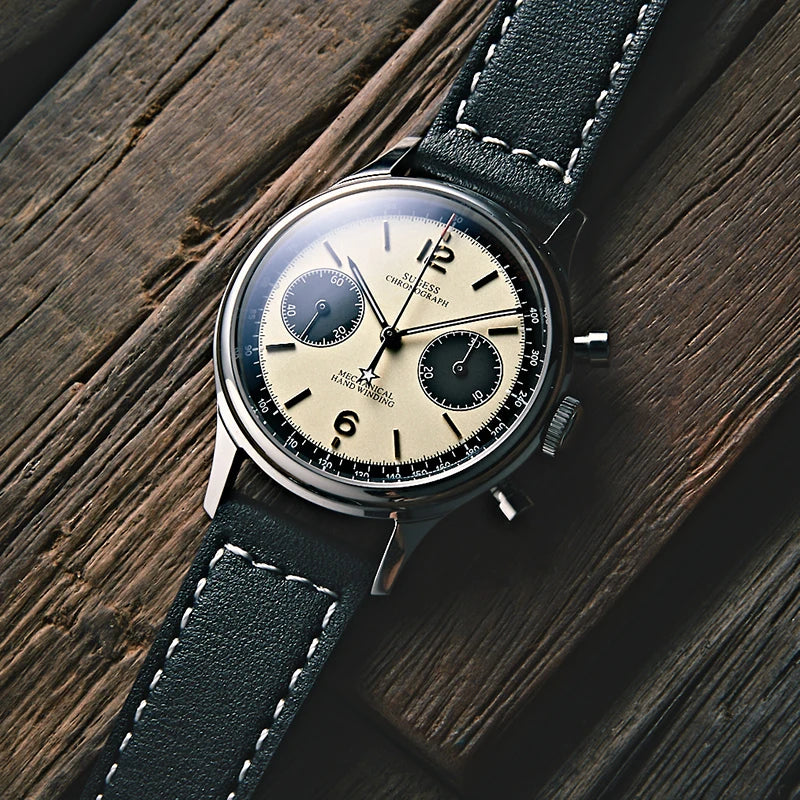 Sugess 1963 Pilot Watch Men Mechanical Chronograph Panda Wristwatch Air Force Sapphire Waterproof for Seagull Movement ST1901 v3