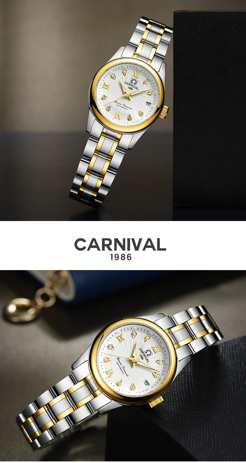 Relógio mecânico de luxo CARNIVAL para mulher, com movimento automático em safira, impermeável, relógio de pulso feminino elegante