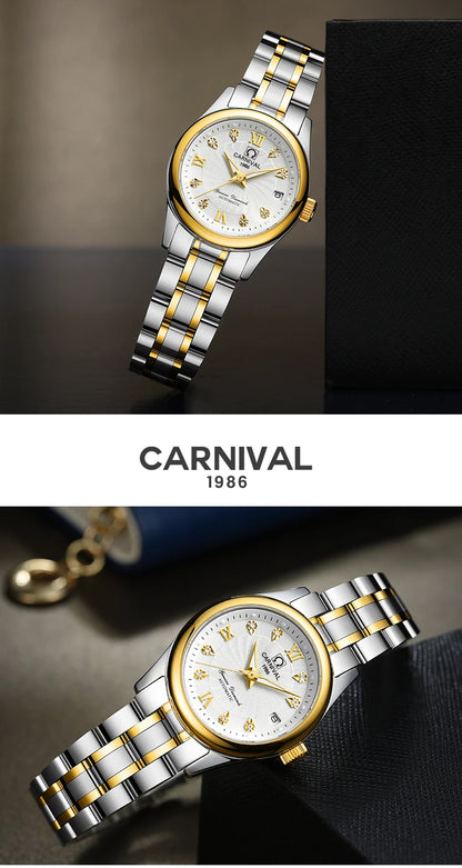 Relógio mecânico de luxo CARNIVAL para mulher, com movimento automático em safira, impermeável, relógio de pulso feminino elegante
