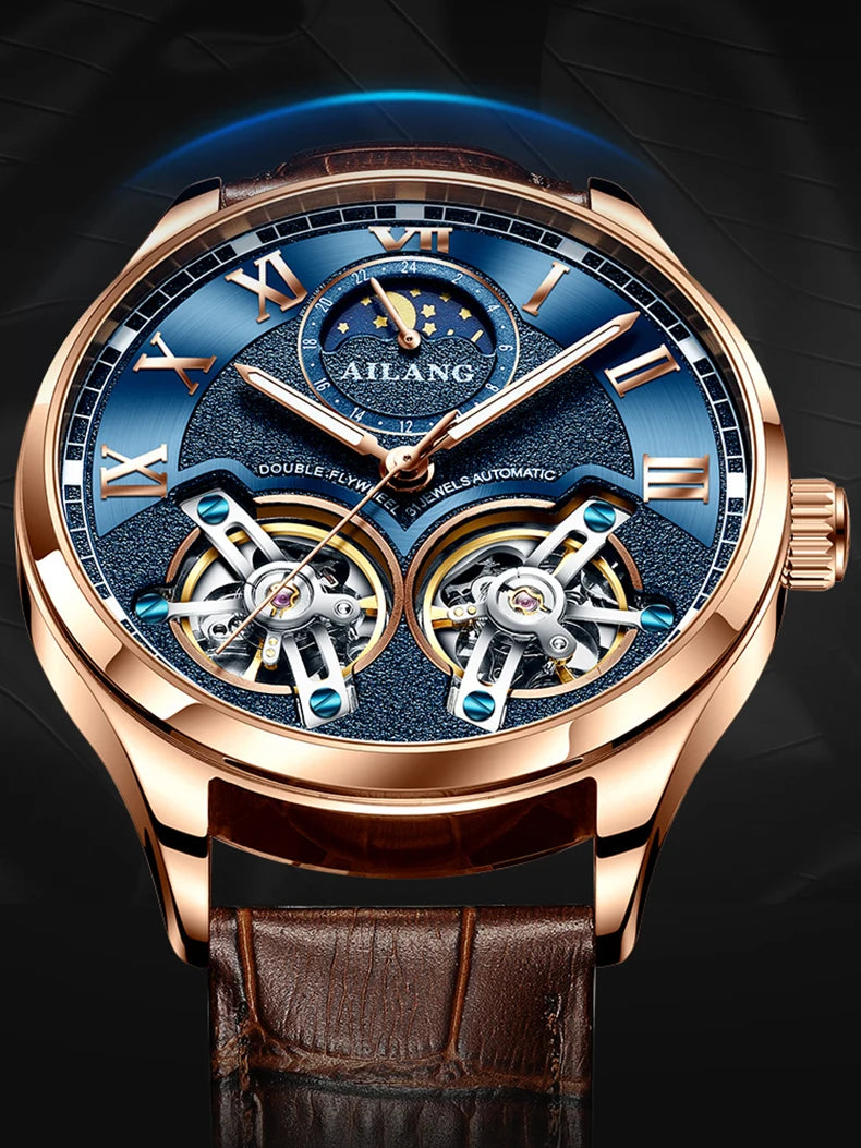 AILANG Double Tourbillon Design Business Men Mechanical Watch Fashion Leather Moon Phase Automatic Watches for Men Reloj Hombre
