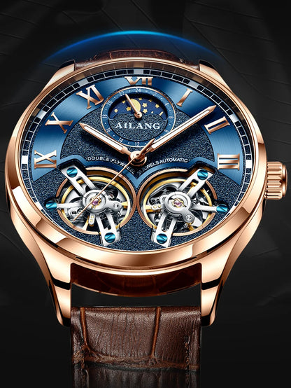 AILANG Double Tourbillon Design Business Men Mechanical Watch Fashion Leather Moon Phase Automatic Watches for Men Reloj Hombre