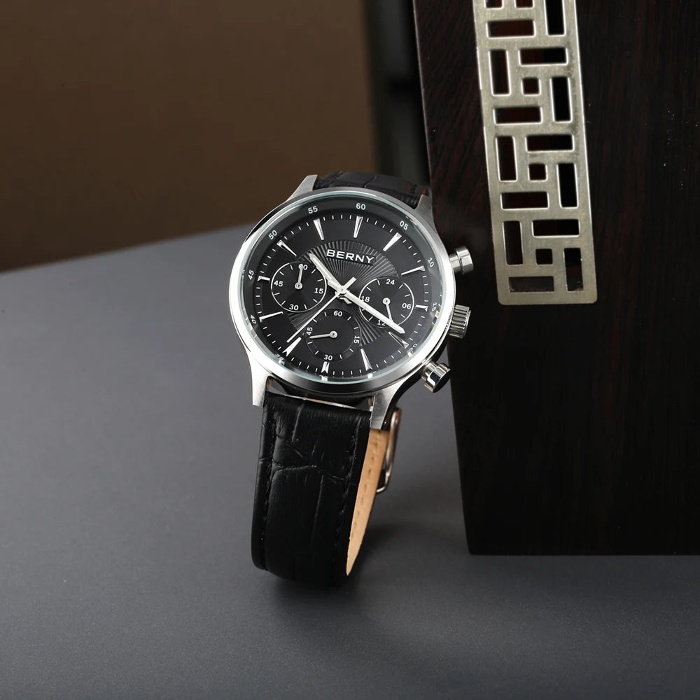 BERNY 24H Chronograph Watch for Men Luxury VD54 Watches Fashion Waterproof Genuine Leather Strap Quartz Sport Men's Wristwatch