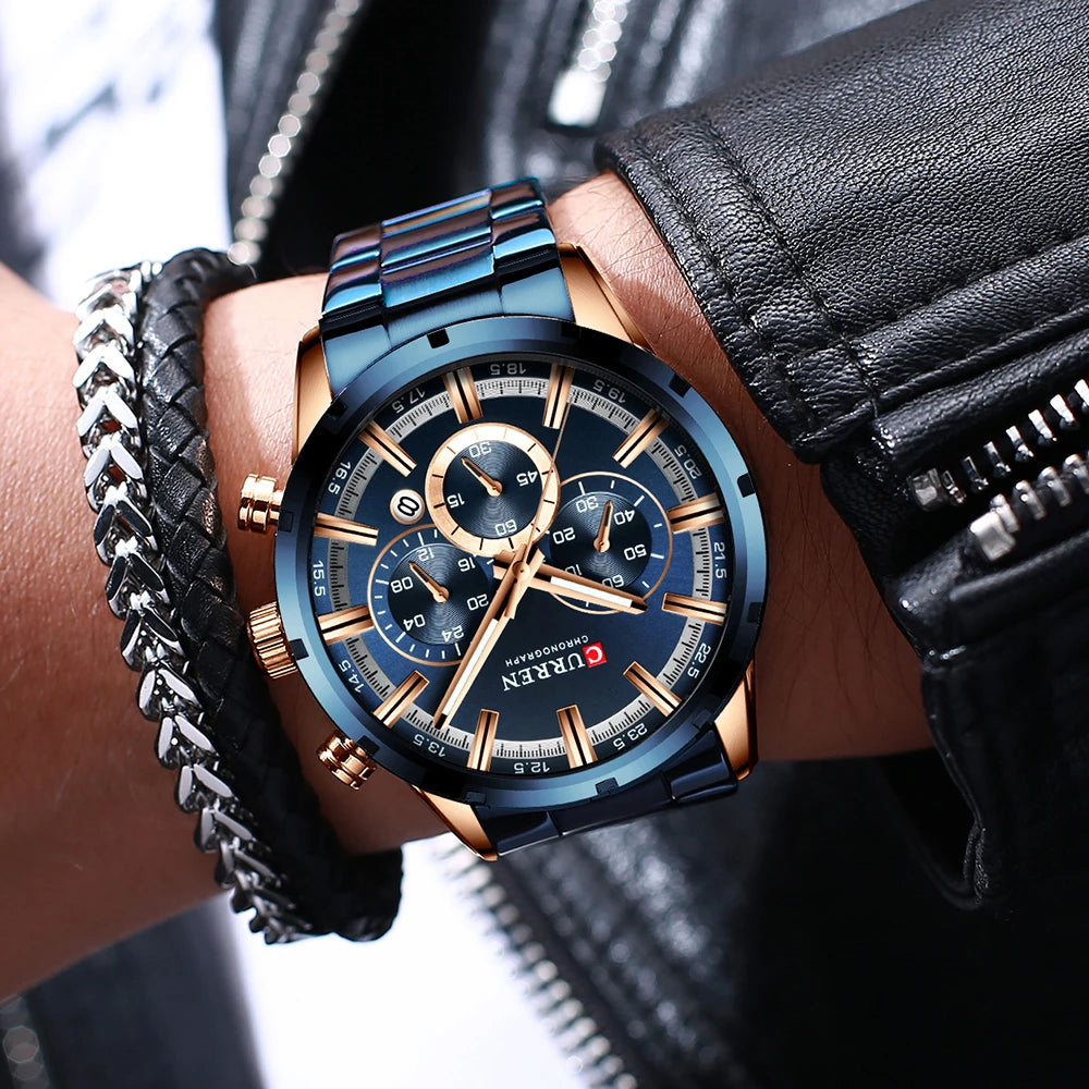 Reloj Curren para hombre con esfera azul, correa de acero inoxidable y fecha, reloj masculino de negocios, resistente al agua, reloj de pulsera de lujo para hombre