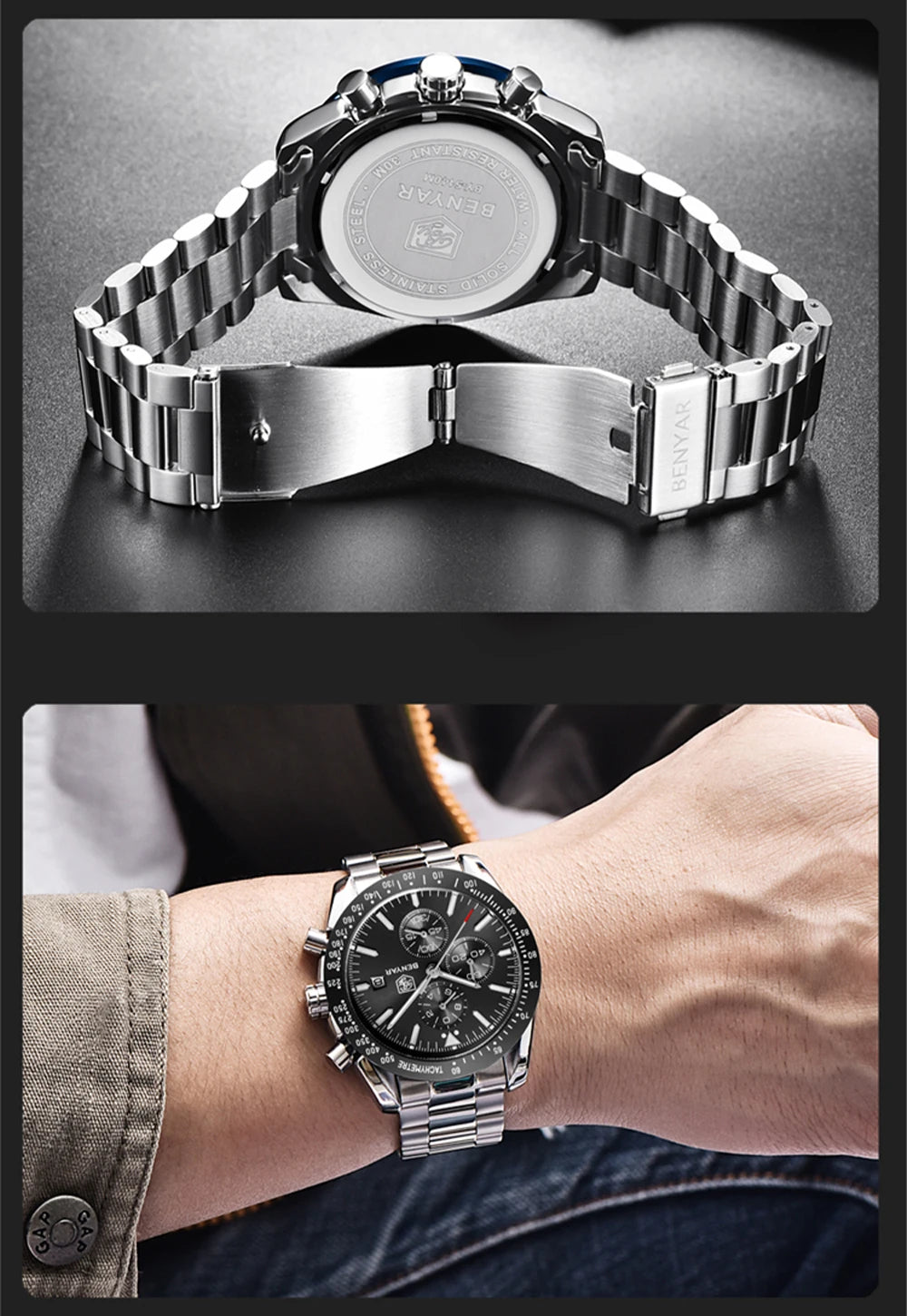 BENYAR Luxusuhren für Herren – Quarz-Armbanduhren mit Lederarmband, wasserdicht bis 30 m, sportlicher Stil.
