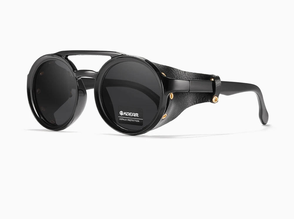 KDEAM Vintage Round Sunglasses Men Women Leather Shield Sun Glasses  Twin Bridge Designed Shade KD179