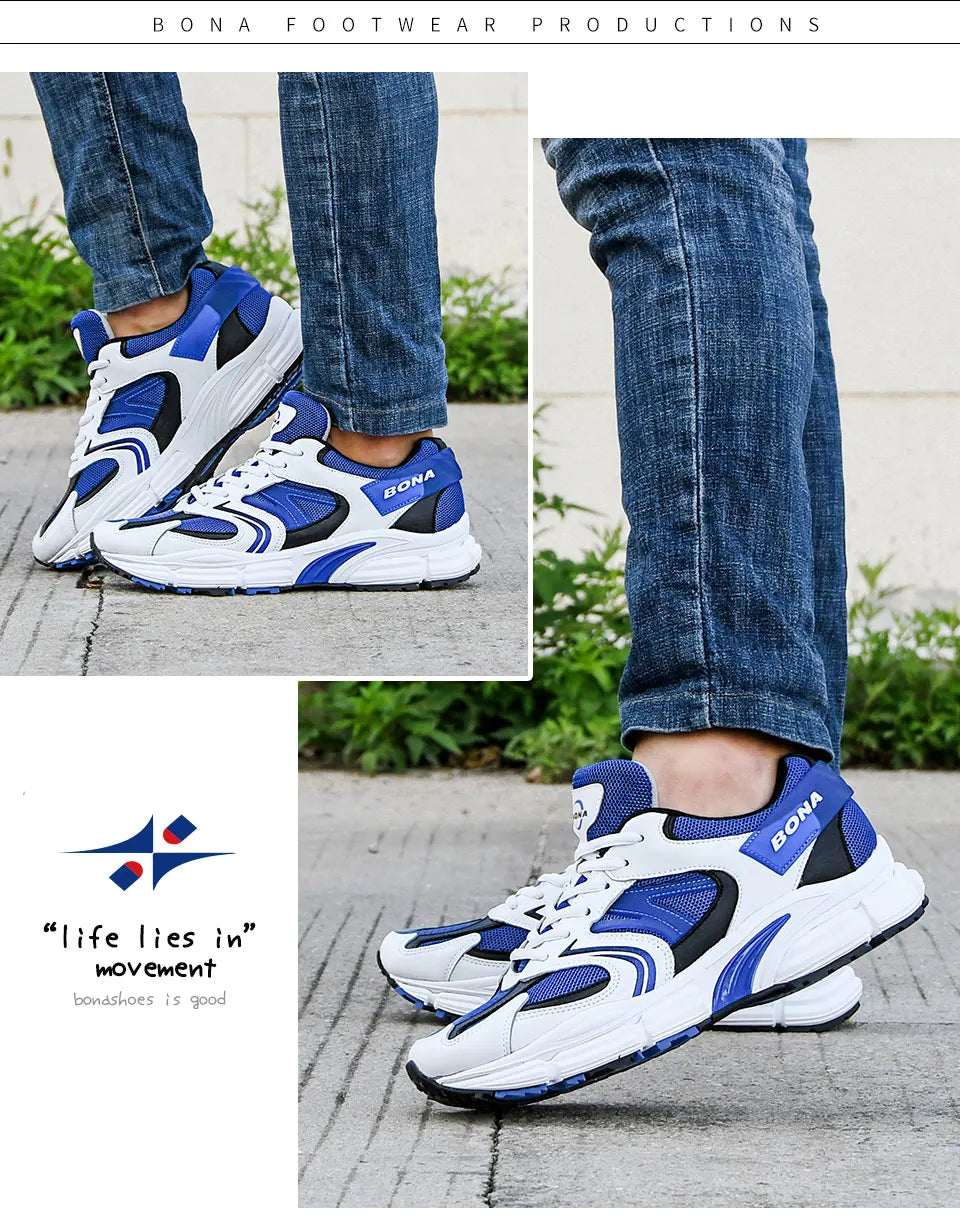 BONA New Designers Action Leather Mesh Men Running Shoes Sneakers Trainers Lightweight Antiskid Outdoor Walking Shoes Man
