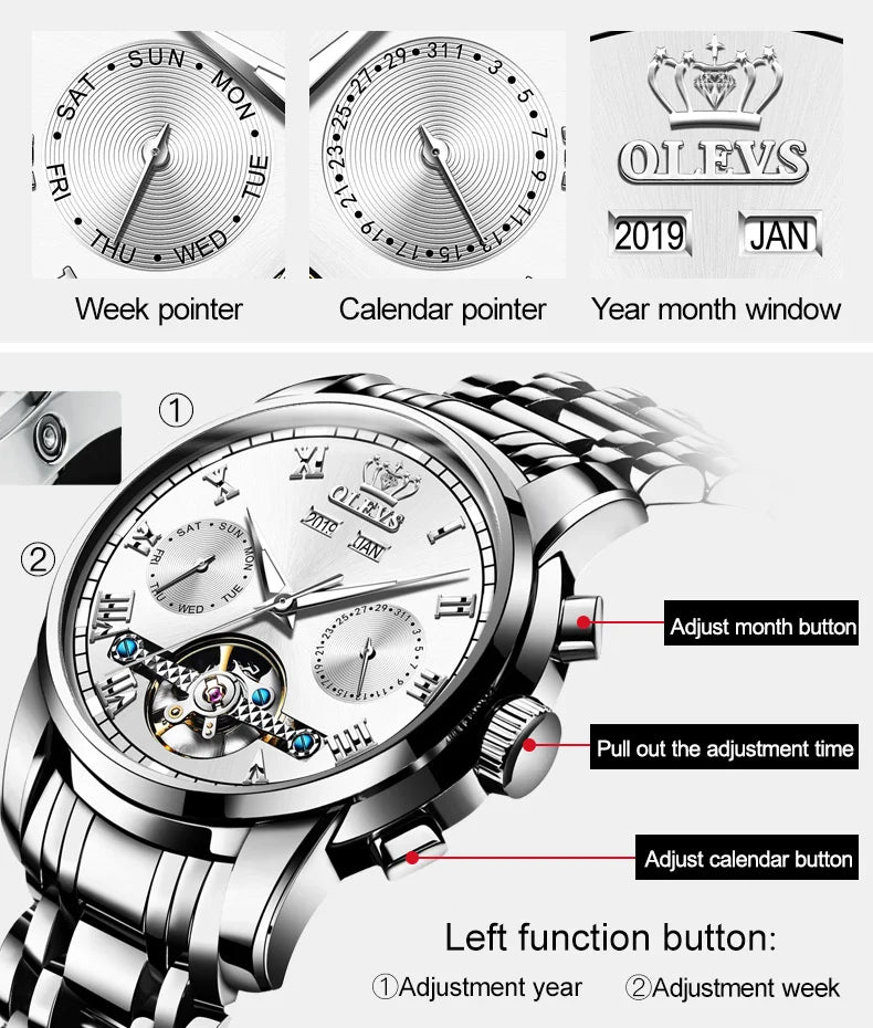 OLEVS Men's Watches Automatic Mechanical Business Wristwatch Waterproof Stainless Steel Strap Watch for Man Skeleton Calendar