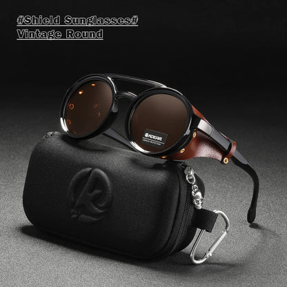 KDEAM Vintage Round Sunglasses Men Women Leather Shield Sun Glasses  Twin Bridge Designed Shade KD179