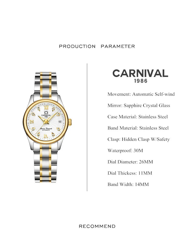 Relógio mecânico de luxo CARNIVAL para mulher, com movimento automático em safira, impermeável, relógio de pulso feminino elegante