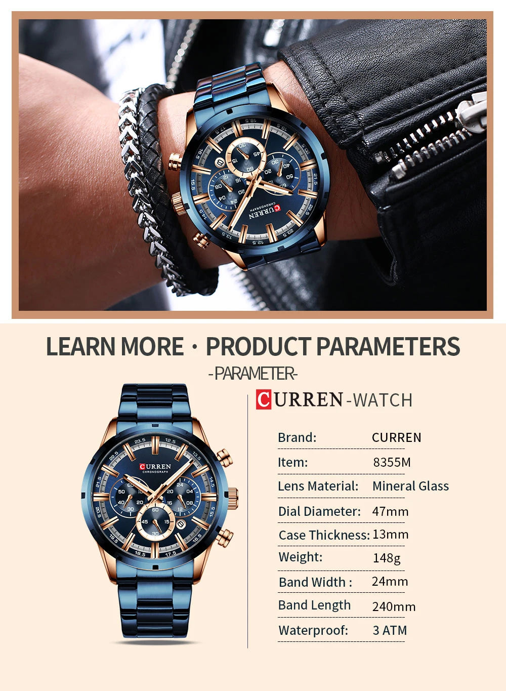 Reloj Curren para hombre con esfera azul, correa de acero inoxidable y fecha, reloj masculino de negocios, resistente al agua, reloj de pulsera de lujo para hombre