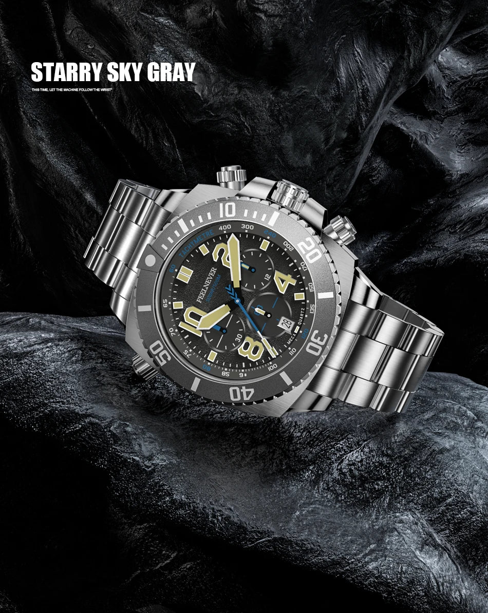 FeelNever Sport Automatic Movement Quartz Watch Stainless Steel Sapphire Crystal Watches for Men 500M Waterproof Clocks Watch for Men