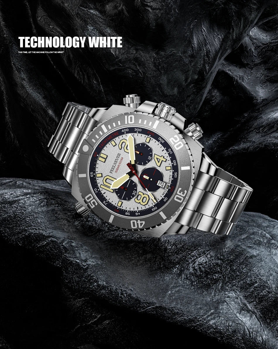 FeelNever Sport Automatic Movement Quartz Watch Stainless Steel Sapphire Crystal Watches for Men 500M Waterproof Clocks Watch for Men