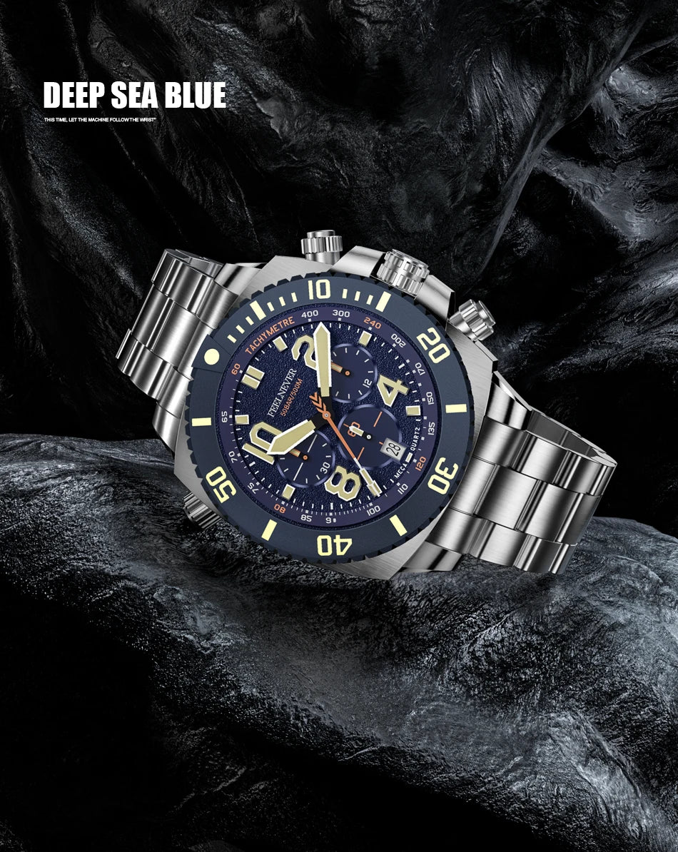 FeelNever Sport Automatic Movement Quartz Watch Stainless Steel Sapphire Crystal Watches for Men 500M Waterproof Clocks Watch for Men