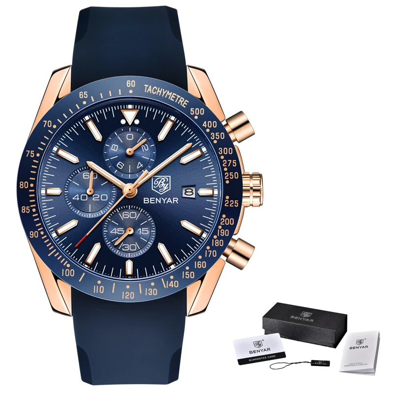 BENYAR Luxusuhren für Herren – Quarz-Armbanduhren mit Lederarmband, wasserdicht bis 30 m, sportlicher Stil.