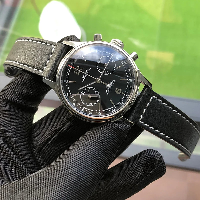 Sugess 1963 Pilot Watch Men Mechanical Chronograph Panda Wristwatch Air Force Sapphire Waterproof for Seagull Movement ST1901 v3