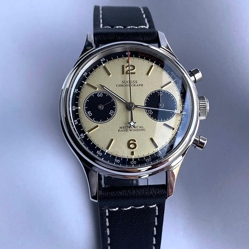 Sugess 1963 Pilot Watch Men Mechanical Chronograph Panda Wristwatch Air Force Sapphire Waterproof for Seagull Movement ST1901 v3